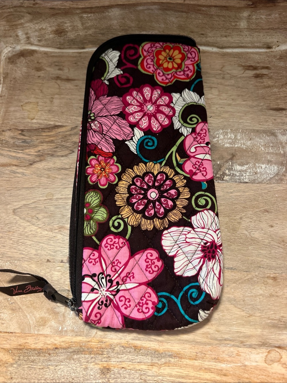Vera Bradley Floral Quilted Travel Pouch in Brown with Pink Accents